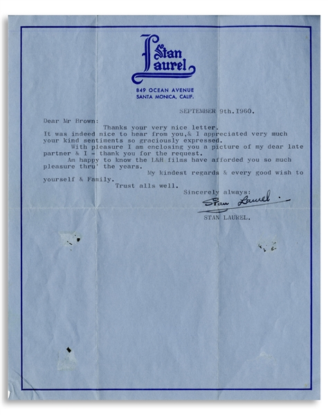 Stan Laurel Letter Signed -- ''...Am happy to know the L&H films have afforded you so much pleasure thru' the years...''